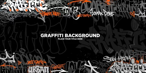 Türaufkleber Graffiti background with throw-up and tagging hand-drawn style. Street art graffiti urban theme for prints, banners, and textiles in vector format. © Themeaseven
