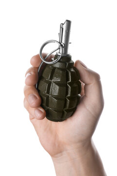 Man holding hand grenade on white background, closeup