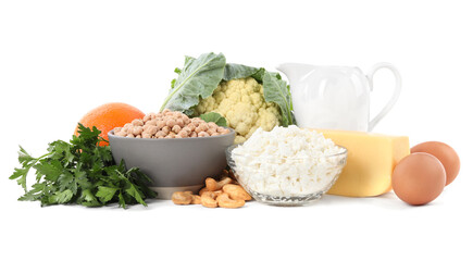 Set of natural food high in calcium on white background