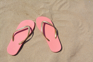 Fototapeta na wymiar Stylish pink flip flops on sand, flat lay