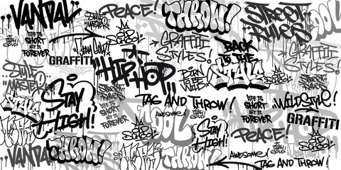 Poster Im Rahmen Graffiti-Hintergrund mit Throw-up und Tagging im handgezeichneten Stil. Street Art Graffiti Urban Theme für Drucke, Banner und Textilien im Vektorformat. © Themeaseven