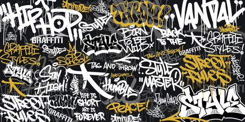 Graffiti background with throw-up and tagging hand-drawn style. Street art graffiti urban theme for prints, banners, and textiles in vector format.