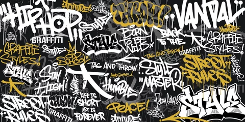 Rolgordijnen Graffiti background with throw-up and tagging hand-drawn style. Street art graffiti urban theme for prints, banners, and textiles in vector format. © Themeaseven