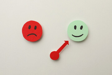 Mood indicator on white background, flat lay. Emotional management