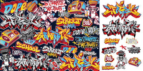 A set of colorful graffiti art sticker illustrations. Cool graffiti sticker for background, print, and textile. Street art urban theme © Themeaseven