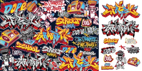 Fotobehang A set of colorful graffiti art sticker illustrations. Cool graffiti sticker for background, print, and textile. Street art urban theme © Themeaseven