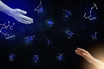 Fototapeta na wymiar Zodiac compatibility. Man and woman reaching hands to each other and constellations in night sky with stars