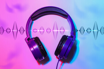 Modern headphones with illustration of dynamic sound waves on color background, top view