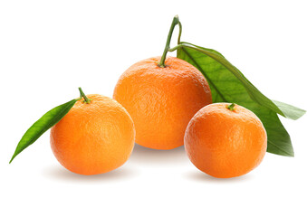 Tasty ripe tangerines and green leaves on white background