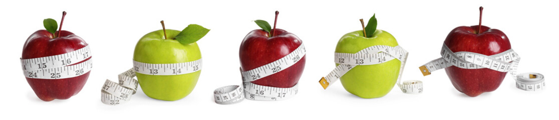 Set of fresh ripe apples with measuring tapes on white background. Banner design
