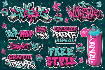 A set of colorful graffiti art sticker illustrations. Cool graffiti sticker for background, print, and textile. Street art urban theme © Themeaseven