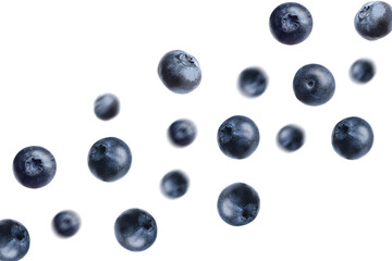 Tasty ripe blueberries flying on white background