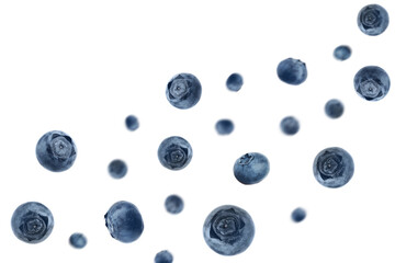 Tasty ripe blueberries flying on white background