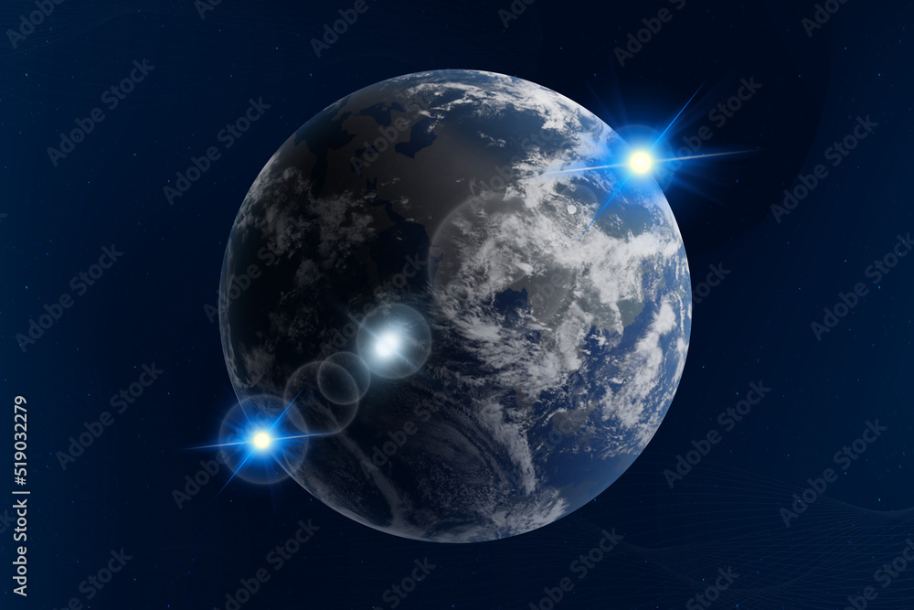 Poster internet technology concept. earth surrounded by satellites for network connection lines in space