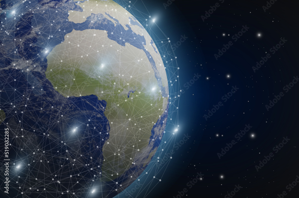 Poster internet technology concept. earth and network connection lines in space