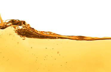 Golden oily liquid splash on white background