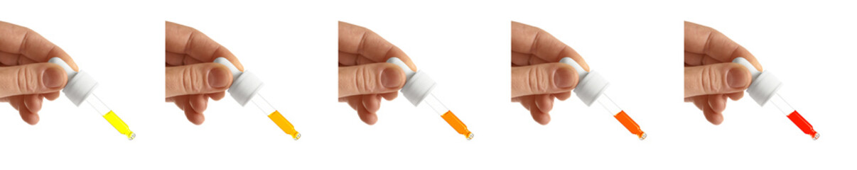 Collage with women holding pipettes with different essential oils on white background, closeup....