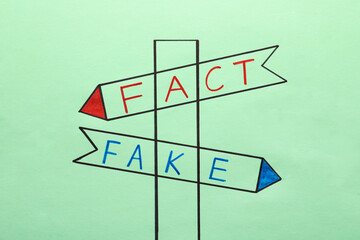 Drawn signpost with words FACT and FAKE on light green paper sheet, top view
