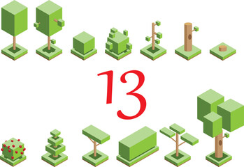 Thirteen vector isometric trees of different types in a square shape