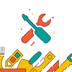 Screwdriver and wrench work tool filled line vector icon, simple illustration, related bottom border.