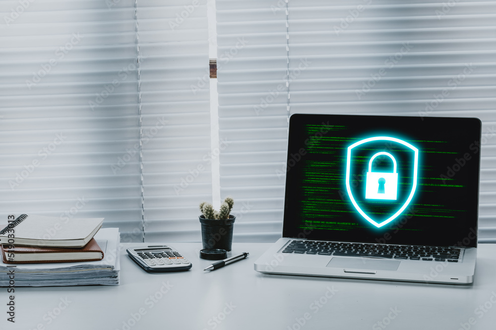 Poster cyber security, digital crime concept, laptop computer on office desk with key icon on screen displa