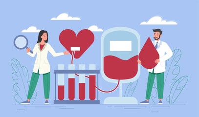 Doctors engaged in blood transfusion. Physician and nurse prepare bags and flasks with plasma for further use. Voluntary donation and charity in healthcare, medicine. Cartoon flat vector illustration