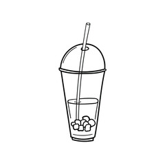 Takeaway plastic glass with iced coffee or juce, ice cubes and straw. Doodle engraved sketch style hand drawn vector illustration. For menu, bar, coffee shop, cafe, restaurant, banner.