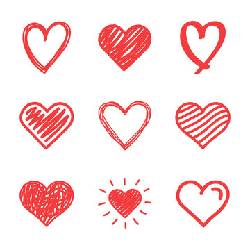 Red heart doodle hand drawn icon vector set illustration.
