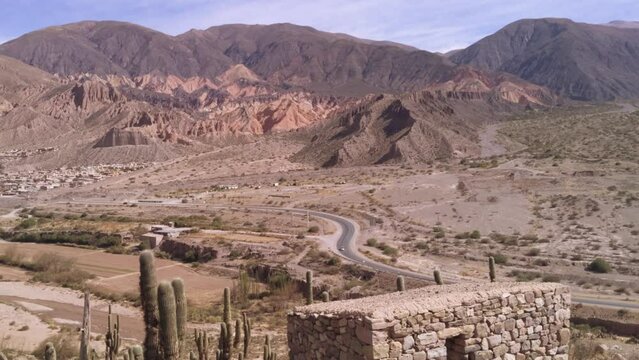 View of the Quebrada of Humahuaca Valley from the Pucara de Tilcara, A pre-Inca Fortification Ruins, Argentina, Jujuy province, Quebrada de Humahuaca listed as World Heritage by UNESCO.  