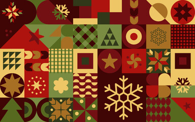 Geometryczna świąteczna kompozycja - kolorowa mozaika z gwiazdkami, choinkami i płatkami śniegu na Boże Narodzenie. Powtarzający się wzór w stylu neo geo do zastosowania jako tło do projektów. - obrazy, fototapety, plakaty