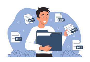 Various file formats. Smiling guy puts electronic doc sheet into folder. Use of text editors and digital documents in modern world. Design element for web page. Cartoon flat vector illustration