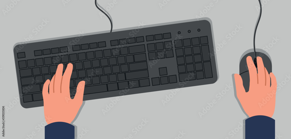 Poster hands on keyboard and mouse. computer hardware and modern technology. person uses device to work in 