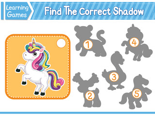 Find The Correct Shadow Find And Match The Correct Shadow Of Unicorn. Kids Educational Game. Printable Worksheet Vector Illustration