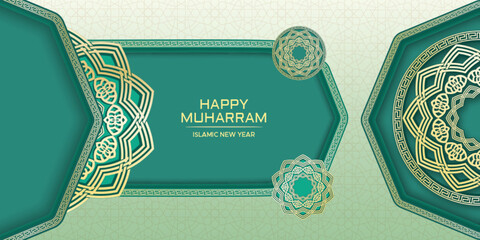 Happy Hijri new year banner template with Islamic border frame and mandala ornament