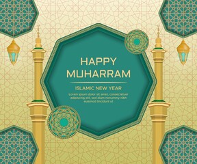Happy Muharram greeting card with Islamic octagonal frame border and mosque minaret