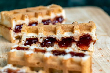 soft square waffles with strawberry jam