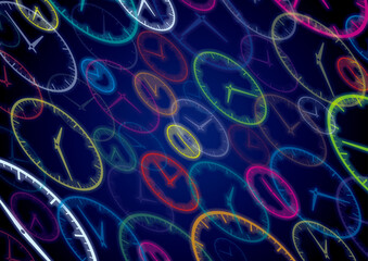 カラフルな時計　時間の流れ　タイムマシーンのイメージ