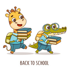 Set of kids kawaii tropical animals carry textbooks to school. Crocodile and giraffe. Vector illustration for designs, prints, patterns. Isolated on white background