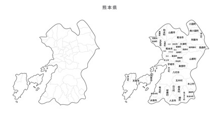 日本　白地図　熊本県（市区町村）