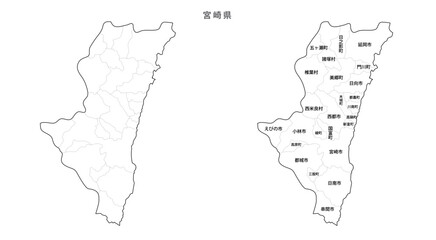 日本　白地図　宮崎県（市区町村）