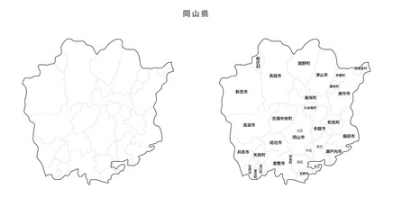 日本　白地図　岡山県（市区町村）