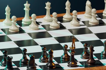 3D Illustration ,  3D Rendering . super businessman as a leader on chess board. Business strategy and leadership concept.