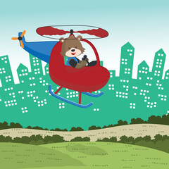 Cartoon illustration of a cute little bear on a helicopter. Creative vector childish background for fabric, textile, nursery wallpaper, poster, card, brochure. and other decoration.