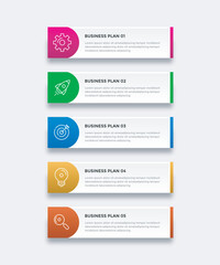 Business infographic design template with icons and 5 options or steps. Can be used for workflow, presentation, etc. Vector illustration