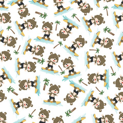 Surfing time with cute little fox at summer. Seamless pattern texture for fabric textile, nursery, baby clothes, background, textile, wrapping paper and other decoration.