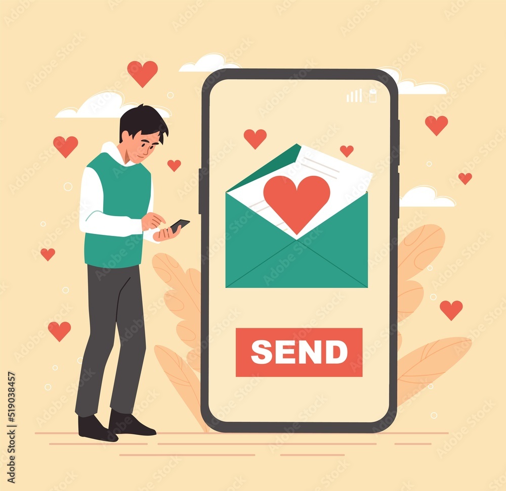 Poster man with email in smartphone. sending love messages using digital internet technologies. sympathy an