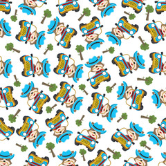 Fototapeta na wymiar Seamless pattern vector of Cute fox cartoon having fun driving off road car go to forest. Creative vector childish background for fabric textile, nursery wallpaper, poster. and other decoration.