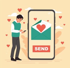 Man with email in smartphone. Sending love messages using digital internet technologies. Sympathy and feelings. Guy standing at large phone with heart on screen. Cartoon flat vector illustration