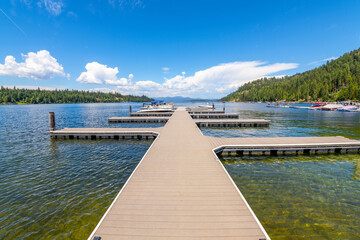 A boat dock with slips at Priest Lake in the northernmost portion of the Idaho Panhandle, 80 miles...