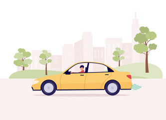 One Man Driving A Yellow Car On Road At The City. Full Length. Flat Design Style, Character, Cartoon.